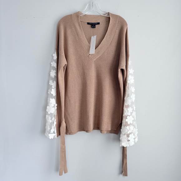 NWT FRENCH CONNECTION Caballo Sweater Camel / White M Knit Floral Lace Sleeves - Picture 5 of 15
